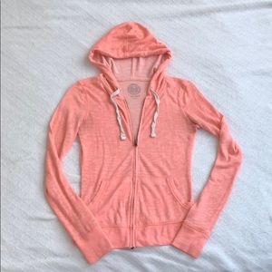 Coral Thin Knit ZipUp Drawstring Hoodie Sweatshirt